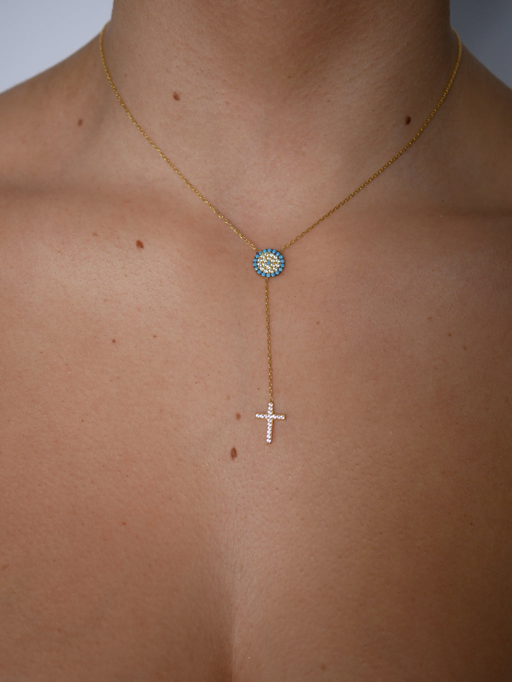 Arianna Turquoise Evil Eye & Hanging Cross Necklace - Gisele Collection Gold