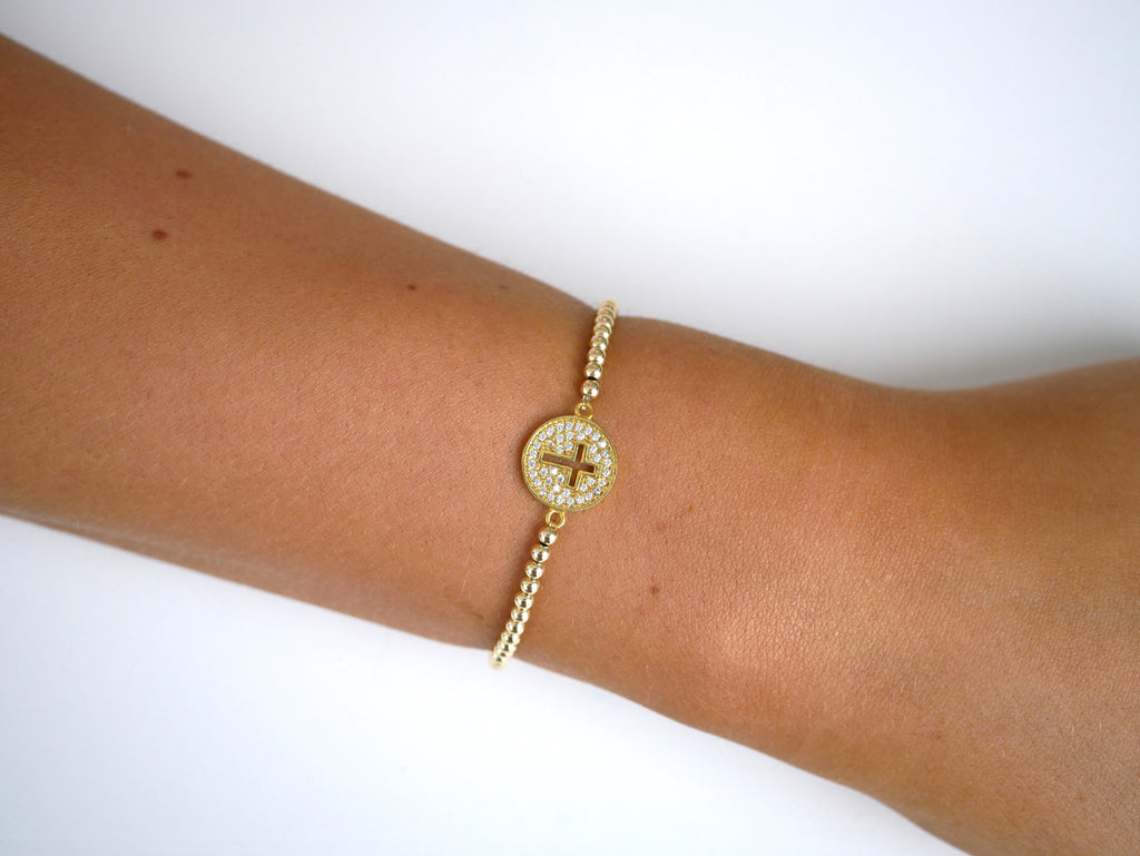 Caterina Beaded Bracelet with Outline Cross - Gisele Collection Gold