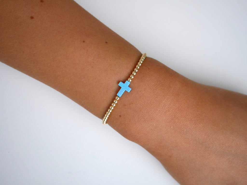 Eve Beaded Bracelet with Blue Opalite Cross - Gisele Collection Gold