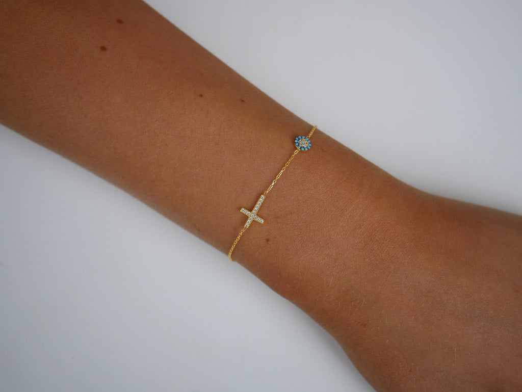 Isla Mini Turquoise Evil Eye Cross Bracelet - Gisele Collection Gold
