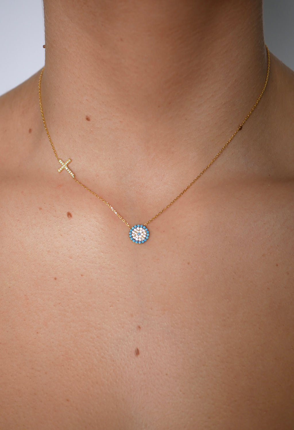 Rosie Evil Eye Side Cross Necklace - Gisele Collection Gold