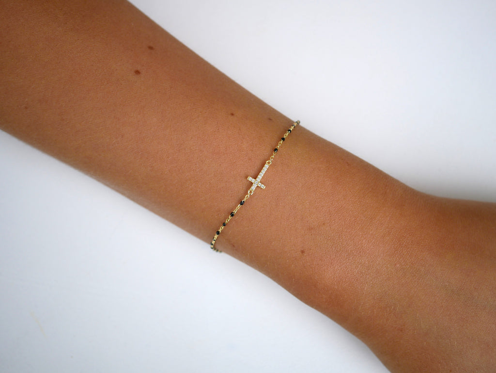 Zara Black Side Cross Chain Bracelet - Gisele Collection Silver