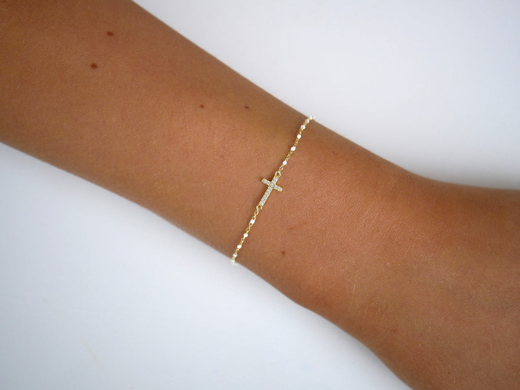 Zara Pearl Side Cross Chain Bracelet - Gisele Collection Gold