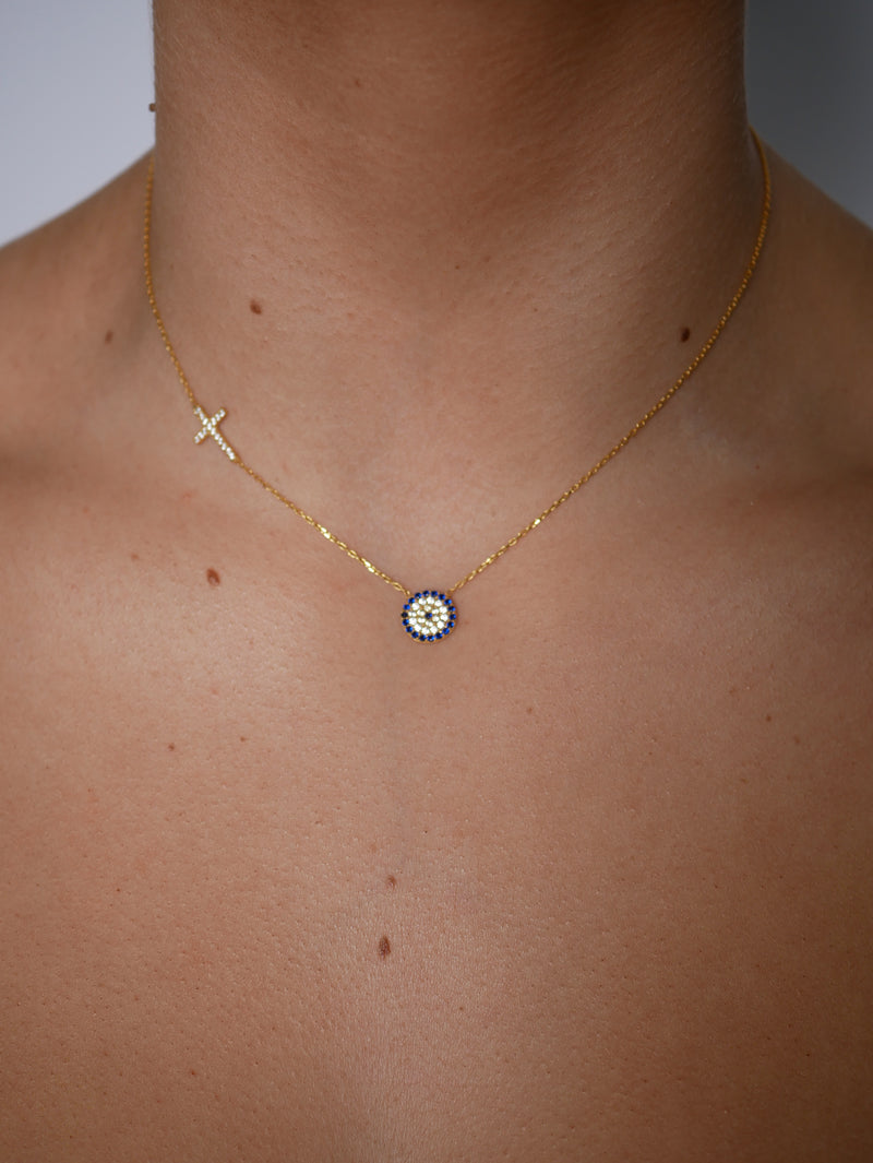 Claudia Evil Eye Side Cross Necklace