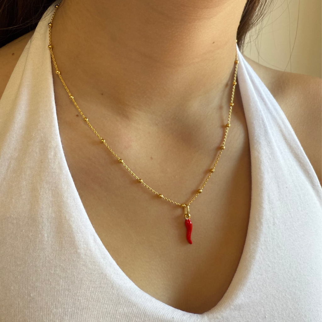 Italian Red Corno Charm & Ball Chain Necklace Set