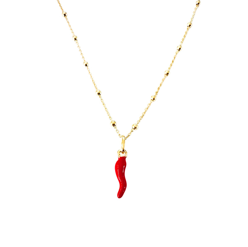 Italian Red Corno Charm & Ball Chain Necklace Set