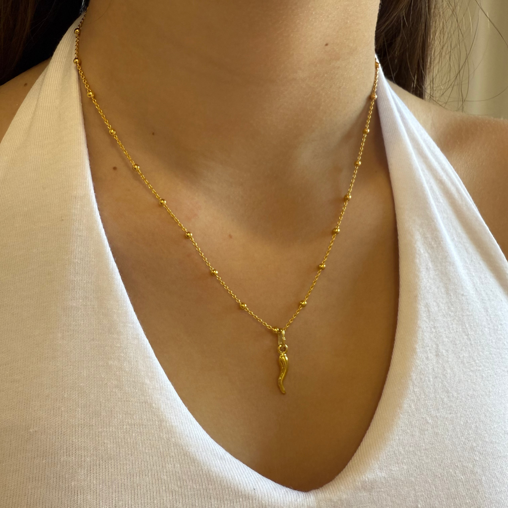 Italian Corno Charm & Ball Chain Necklace Set