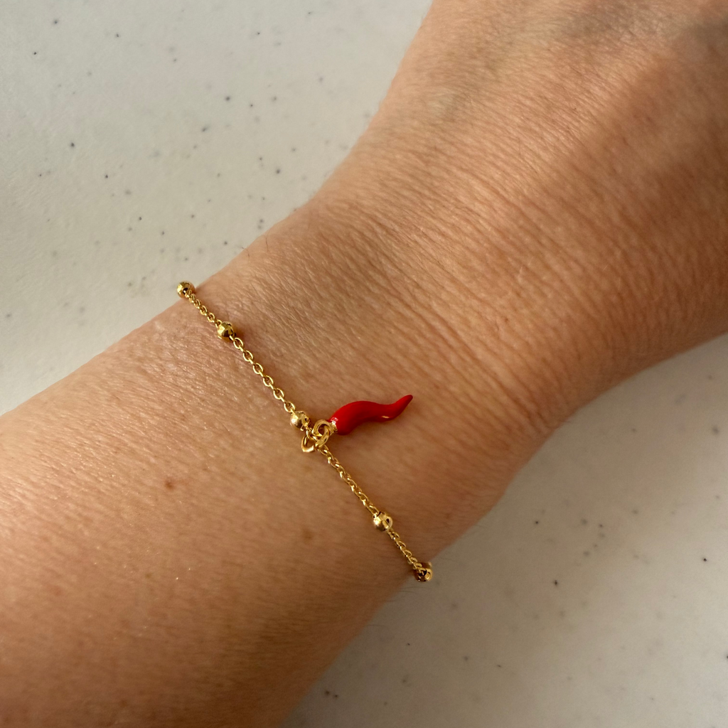 Italian Red Corno Charm & Ball Chain Bracelet Set