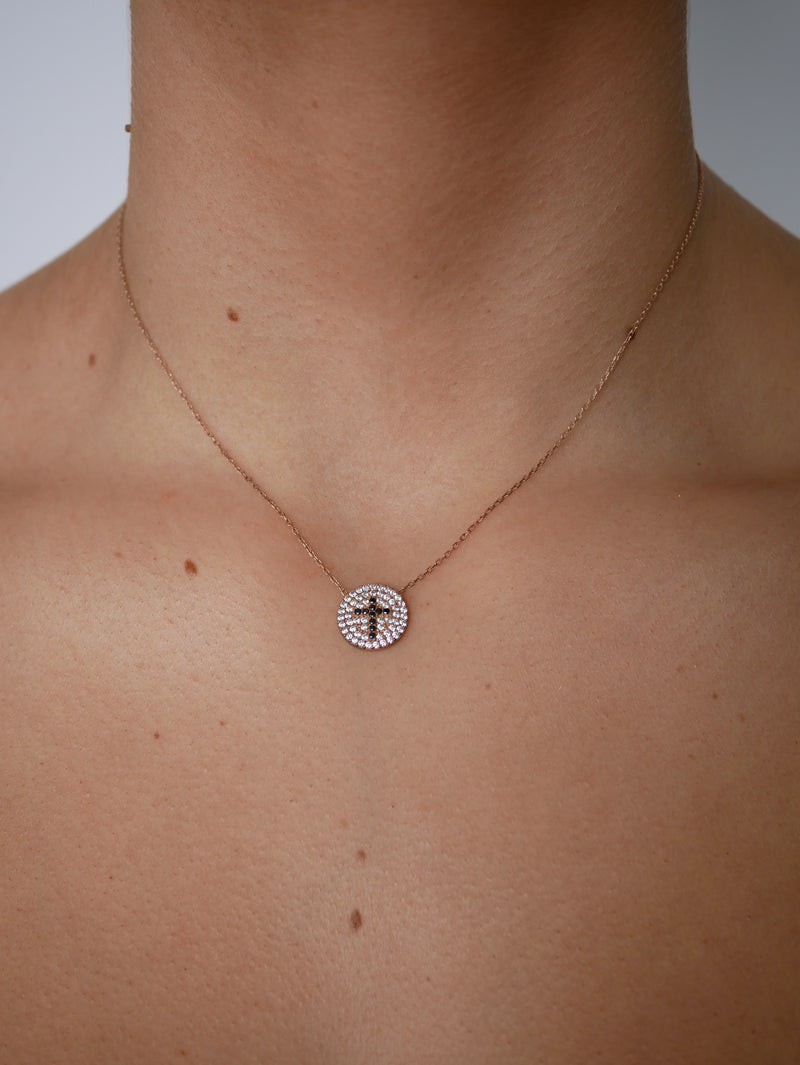 Bianca Black Cross Disc Necklace Rose Gold