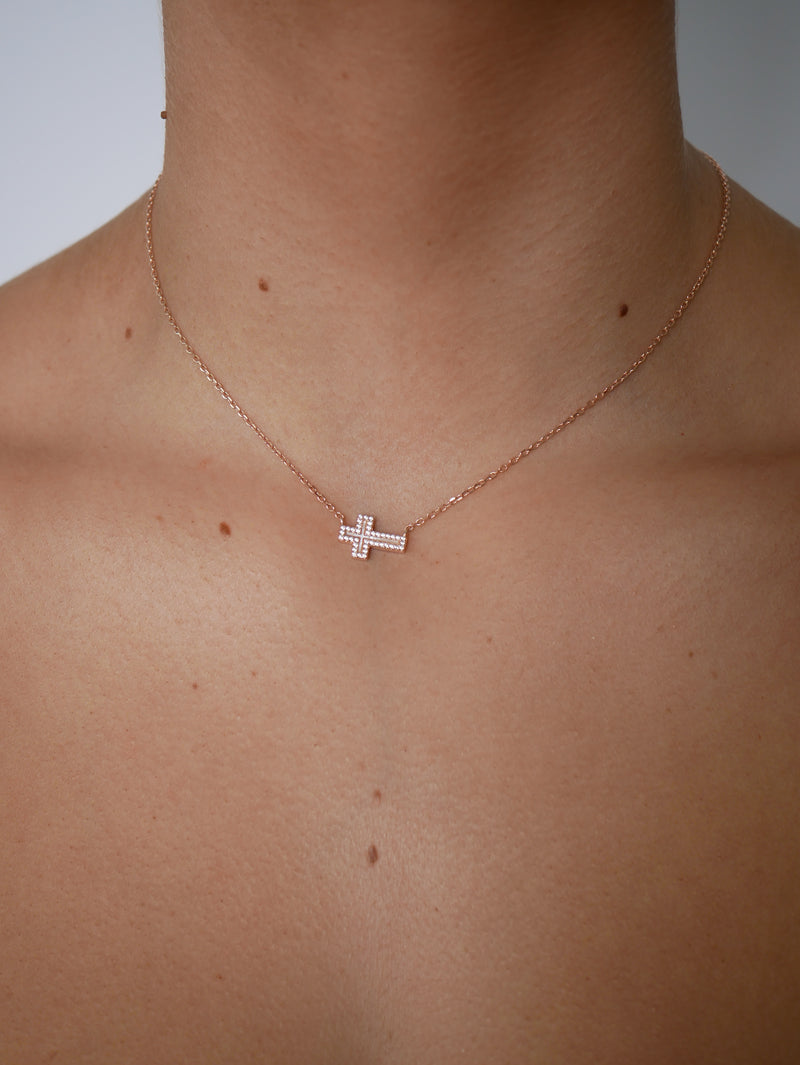 Emily Pearl Side Cross Necklace Rose Gold