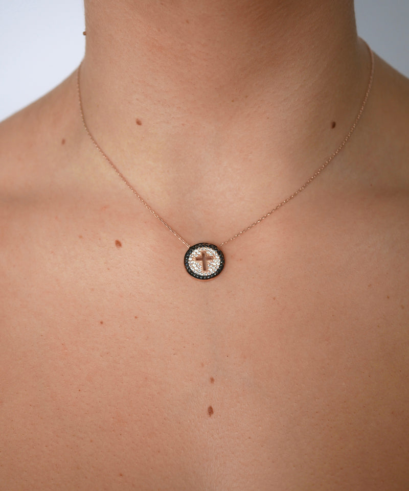 Selena Black Outlined Cross Necklace Rose Gold