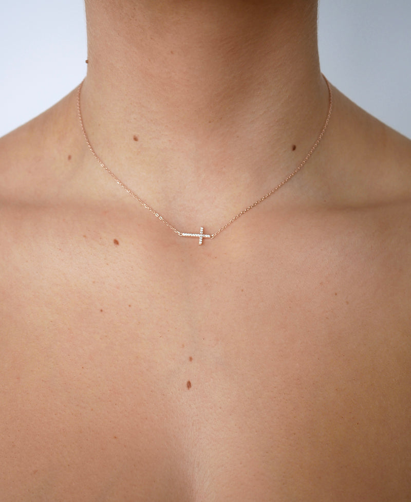 Gracie Side Cross Necklace Rose Gold