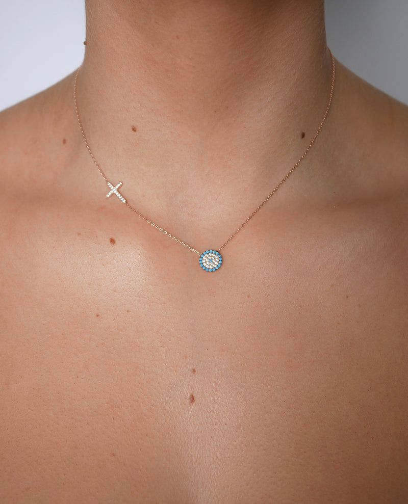 Rosie Evil Eye Side Cross Necklace Rose Gold