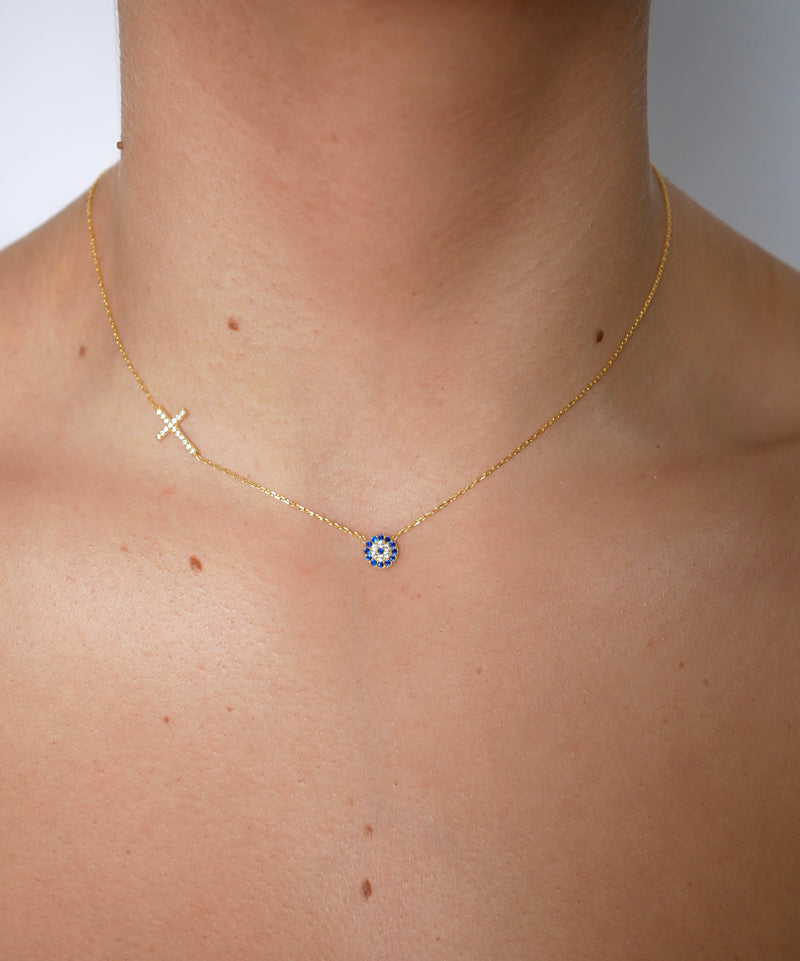 Suzanne Evil Eye Side Cross Necklace