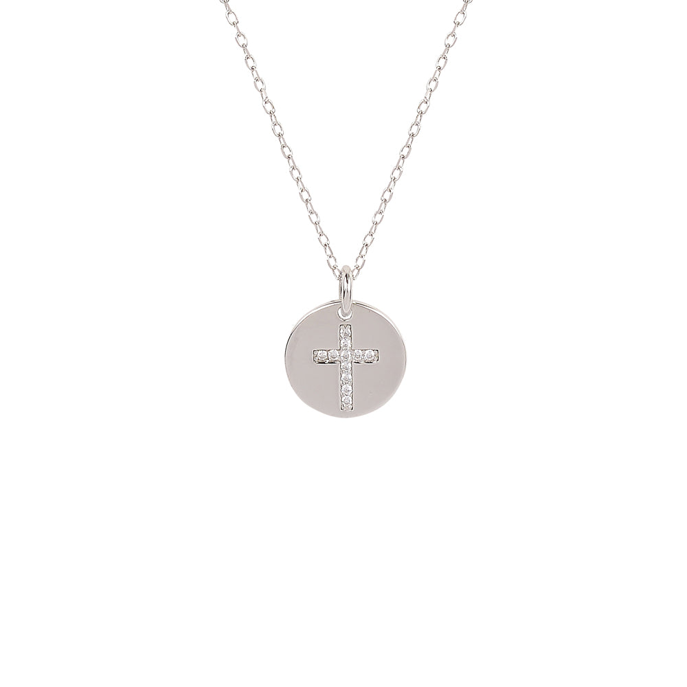 Mia Cross Disc Necklace - Gisele Collection Silver