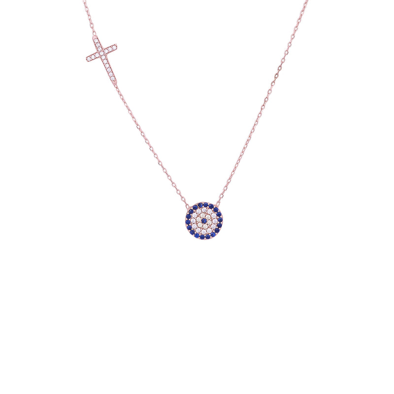 Claudia Evil Eye Side Cross Necklace - Gisele Collection Rose Gold