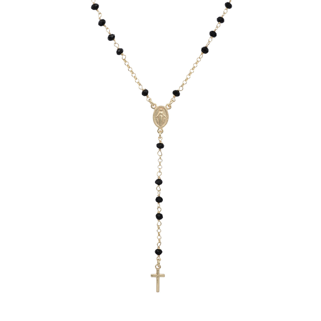 Alessia Black Crystal Long Rosary Necklace - Gisele Collection Gold