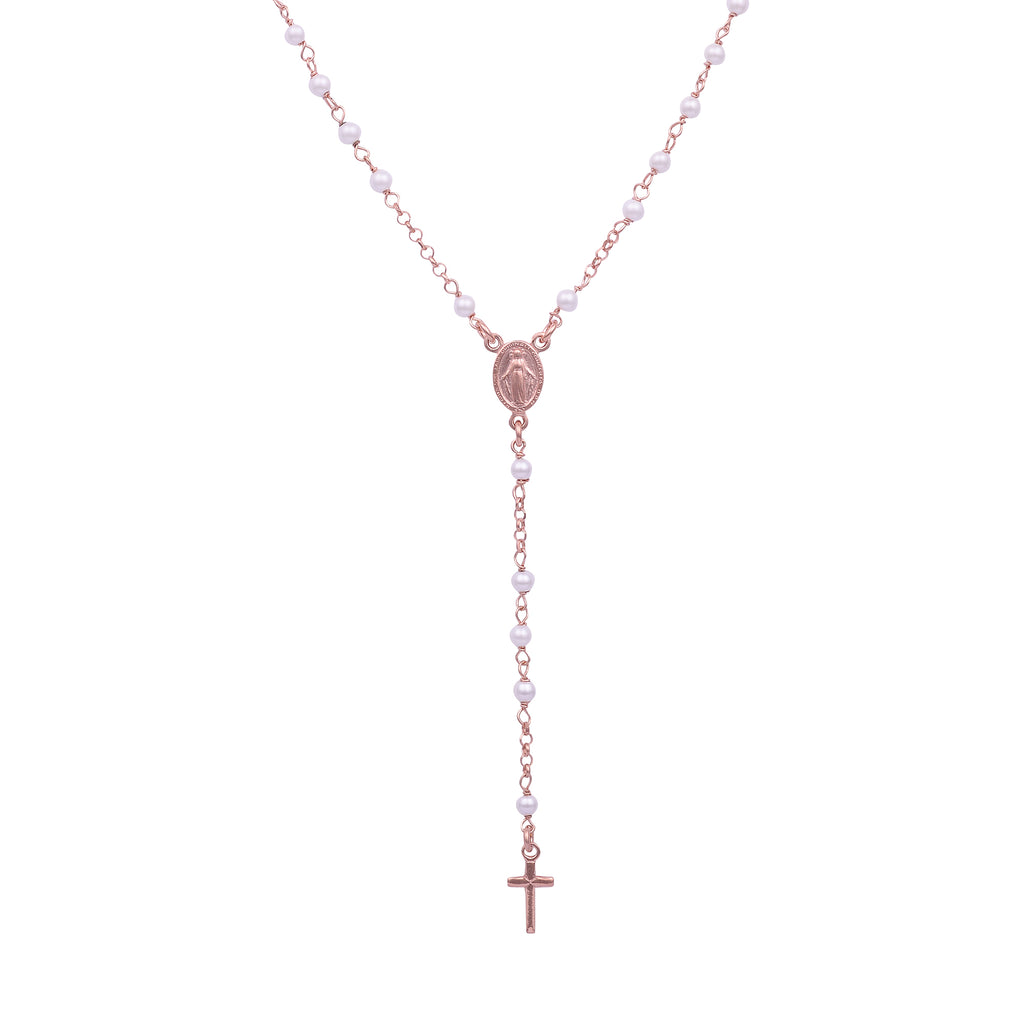 Isabelle Pearl Long Rosary Necklace - Gisele Collection Rose Gold