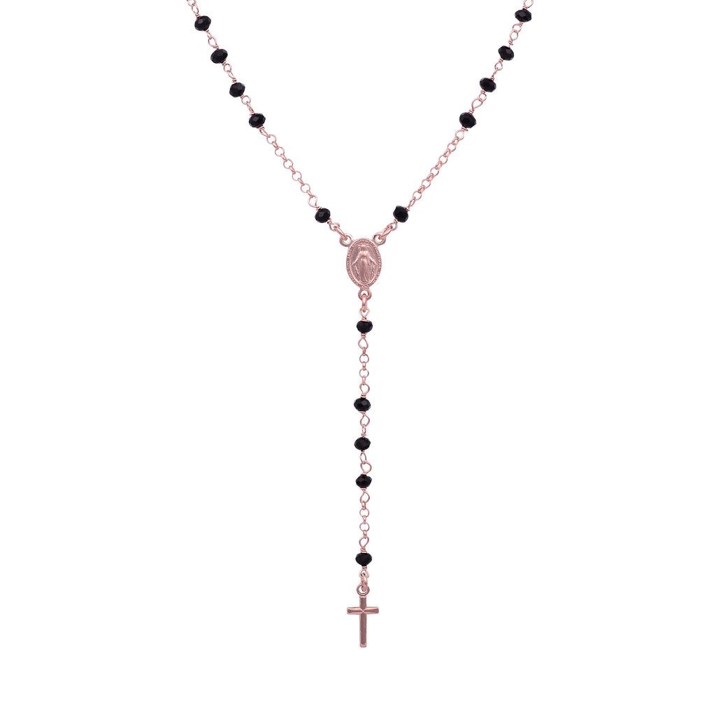 Alessia Black Crystal Long Rosary Necklace - Gisele Collection Rose Gold