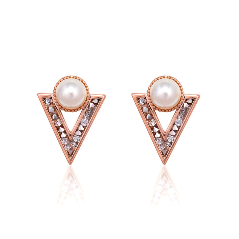 Cassandra Crystal & Pearl Triangle Earrings Rose Gold