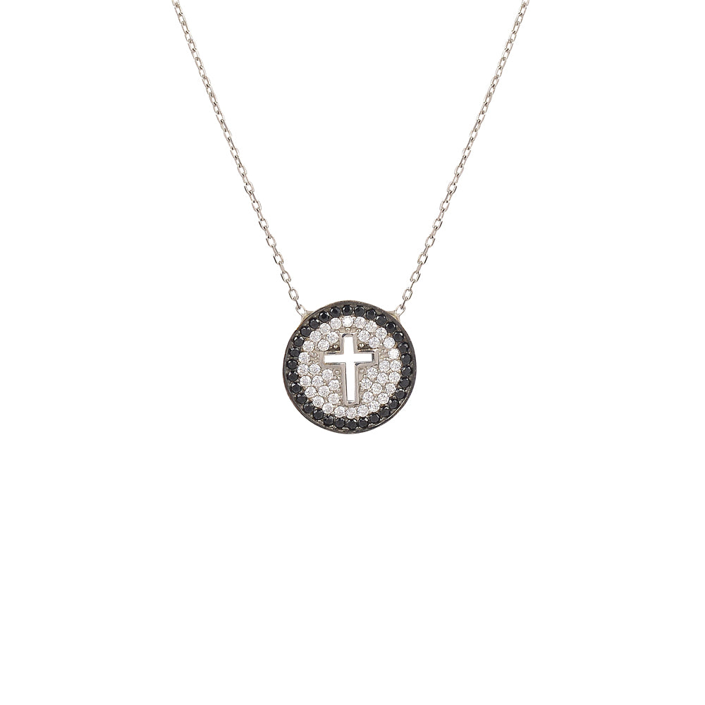 Selena Black Outlined Cross Necklace - Gisele Collection Silver