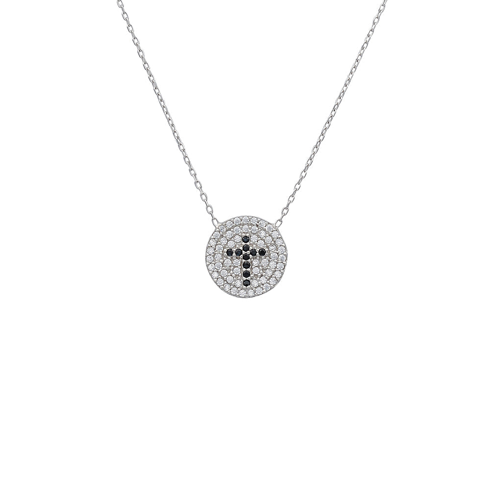 Bianca Black Cross Disc Necklace - Gisele Collection Silver