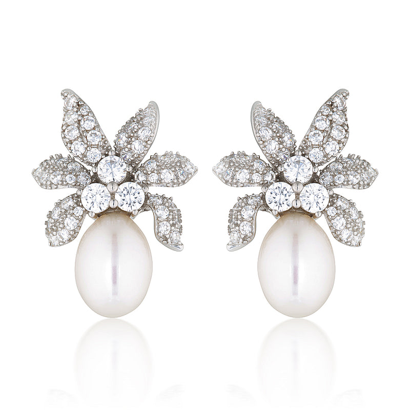 Selene Crystal & Pearl Stud Earrings in Silver